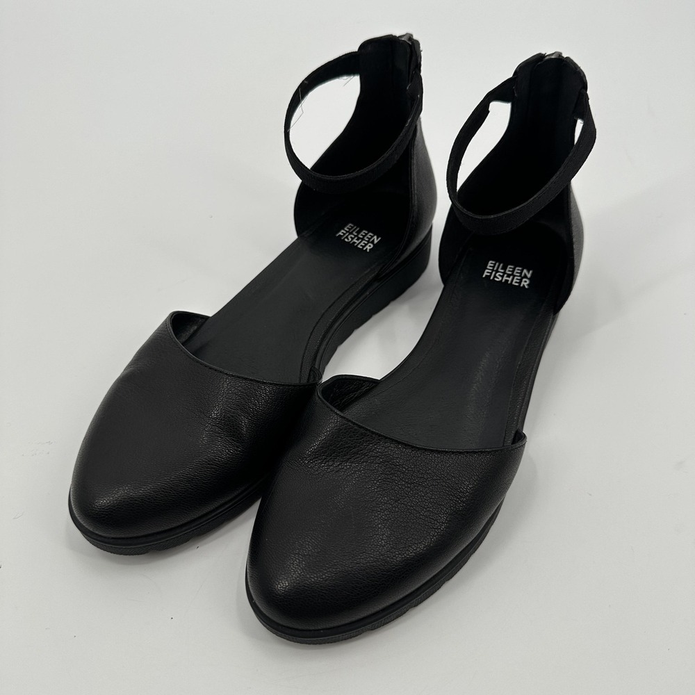 Eileen Fisher Black Leather D'Orsay Flats with Ankle Strap